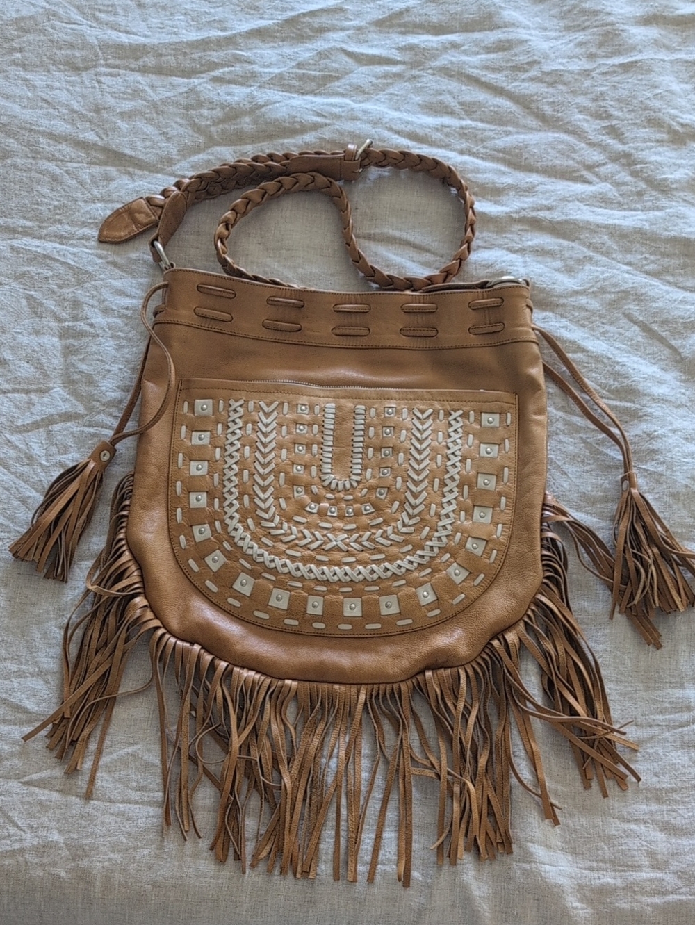 Mahiya Fringed Woven Detail Crossbody Bag - Tan